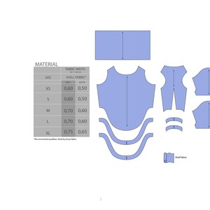 May include: A light blue fabric pattern layout for sewing. The layout includes various pattern pieces, a fabric width chart, and the word "MATERIAL". The chart shows fabric width measurements in meters for sizes XS to XL.