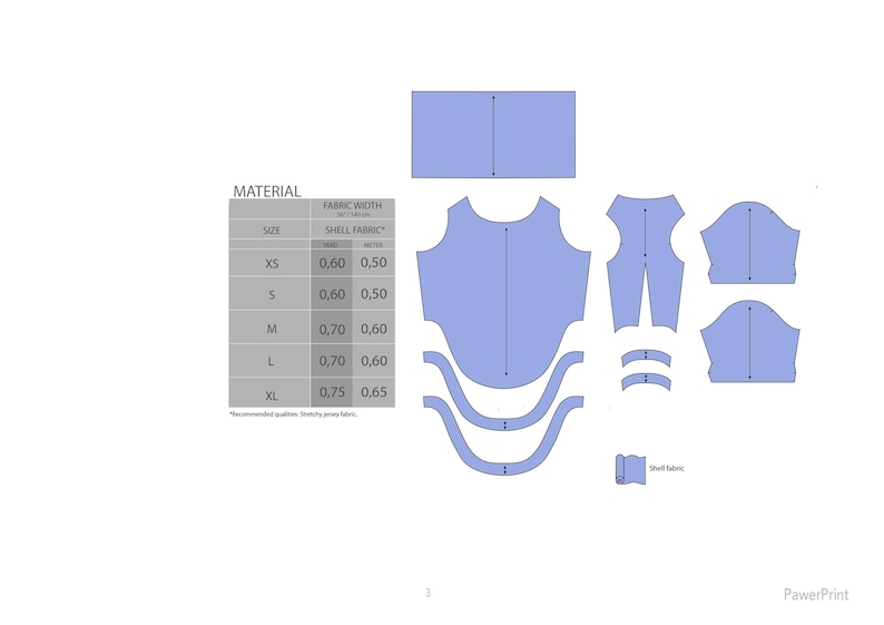 May include: A light blue fabric pattern layout for sewing. The layout includes various pattern pieces, a fabric width chart, and the word "MATERIAL". The chart shows fabric width measurements in meters for sizes XS to XL.