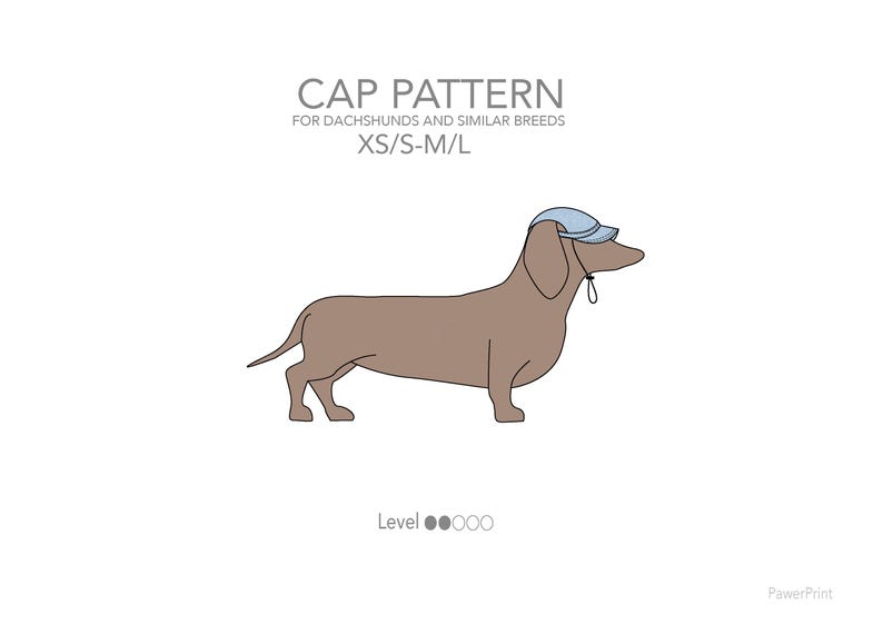 May include: Illustration of a dachshund wearing a light blue cap. The image includes the text "CAP PATTERN" and "FOR DACHSHUNDS AND SIMILAR BREEDS XS/S-M/L". The dog is brown with a white background. The text "Level" and three gray circles are also visible.