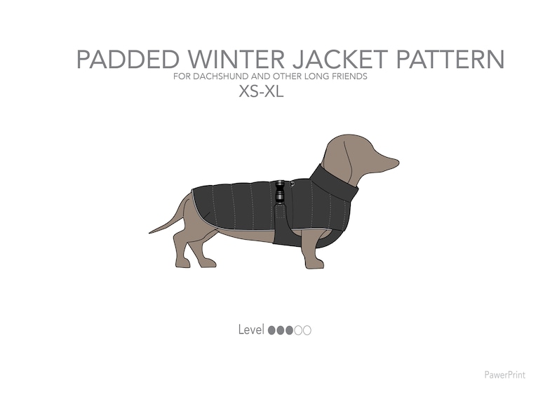 May include: A black and gray padded winter jacket pattern for dachshunds and other long dogs. The pattern includes instructions for sizes XS-XL. The difficulty level is indicated by four black dots and two white dots.
