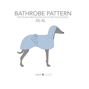 May include: A light blue dog bathrobe pattern for Italian Greyhounds and other sighthounds. The pattern includes a hood and a tie. The pattern is rated as easy to sew.