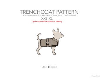 Chihuahua Trenchcoat Sewing Pattern PDF. Suitable for puppies and small dogs. Size XXS-XL. Includes instructions — printable Download.