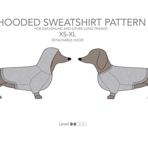 Puede incluir: Un patrón de costura para una sudadera con capucha para perros, con dos ilustraciones de dachshund que llevan la sudadera. El patrón es para las tallas XS-XL e incluye una capucha desmontable. El texto "HOODED SWEATSHIRT PATTERN" y "FOR DACHSHUND AND OTHER LONG FRIENDS" está incluido en la imagen.