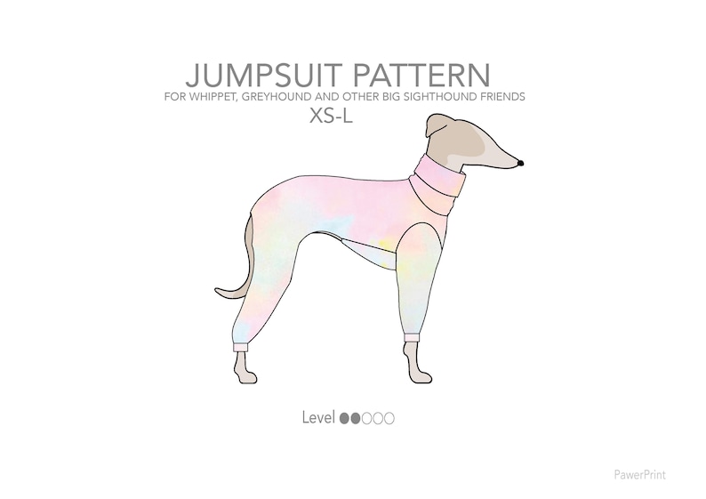 Peut inclure: Illustration num&eacute;rique d'un l&eacute;vrier portant une combinaison tie-dye rose et jaune. Le texte "JUMPSUIT PATTERN" est en haut de l'image. Le texte "FOR WHIPPET, GREYHOUND AND OTHER BIG SIGHTHOUND FRIENDS" est sous le titre. Le texte "XS-L" est sous la deuxi&egrave;me ligne de texte. Le texte "Level ●●○○○" est en bas de l'image.