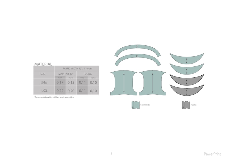 May include: A technical drawing with fabric measurements and pattern pieces. The diagram includes a table with fabric dimensions in meters for different sizes. The pattern pieces are in shades of green and gray.