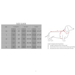 May include: A size guide for dog harnesses, featuring measurements in inches for length, chest, and neck. Includes a diagram illustrating how to measure a dog for a proper fit. Sizes range from XS to XL.