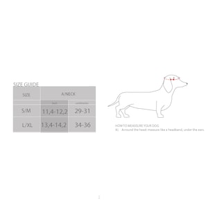 May include: A white background with a size guide for dog accessories. The guide includes sizes S/M and L/XL, with neck measurements in inches. A line drawing of a dachshund illustrates how to measure a dog's head for a headband.