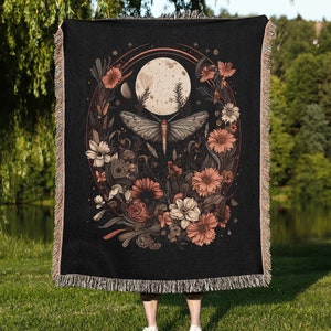 Moth Blanket, CottageCore Bedding, Woven Throw Blanket, Dark Academia Throw, Grandma Blanket, Luna Moth Tapestry, Moth and moon blanket