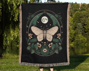 Moth Blanket, CottageCore Bedding, Woven Throw Blanket, Dark Academia Throw, Grandma Blanket, Luna Moth Tapestry, Moth and moon blanket