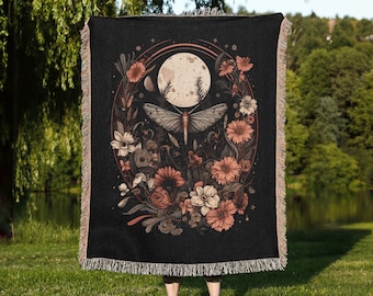 Moth Blanket, CottageCore Bedding, Woven Throw Blanket, Dark Academia Throw, Grandma Blanket, Luna Moth Tapestry, Moth and moon blanket