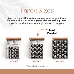 May include: Three sizes of woven cotton throw blankets with a skull and star pattern. The blankets are shown on beds with the largest size labeled "Most Popular!" The sizes are 37"x52", 50"x60", and 60"x80".