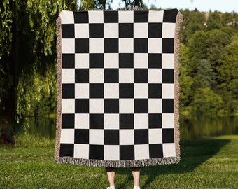 Checkered Blanket, Woven Throw Black and White Checker Board Pattern, Birthday Gift, Christmas Gift, Retro Style Aesthetic Tapestry