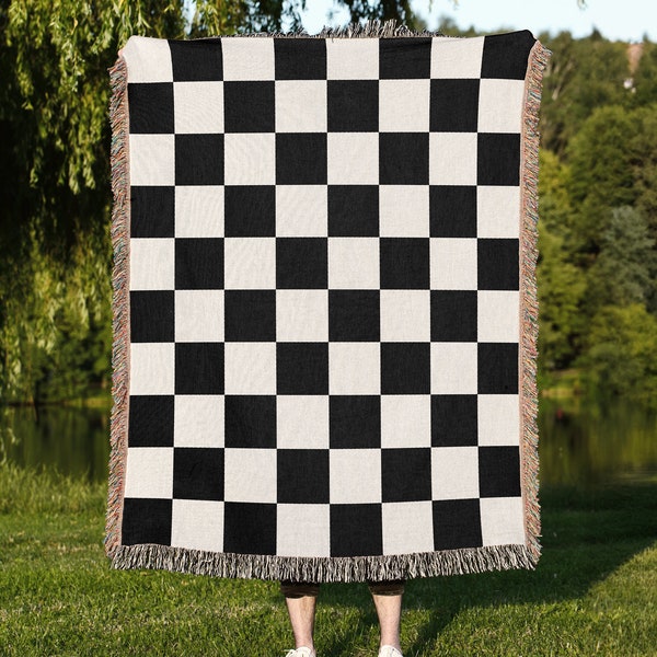 Checkered Blanket, Woven Throw Black and White Checker Board Pattern, Birthday Gift, Christmas Gift, Retro Style Aesthetic Tapestry