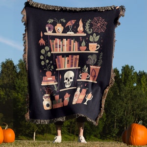 Vintage Spooky Witches Bookshelf Halloween Throw Blanket, Vintage Halloween Throw Blanket, Halloween watching movie Blanket, Witchy Throw