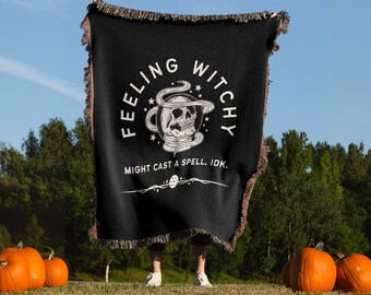 Halloween Blanket,  Witchy Decor, Witch Blanket, Goth Decor, Creepy Decor, Witch Decor, Black and White Woven Throw, Spooky Halloween Decor