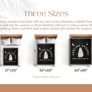 May include: Three black woven blankets with white fringe, each featuring a central ghost illustration, a crescent moon, stars, and the text Feeling Spooky Might Haunt Later, Idk. Sizes shown are 37 inches by 52 inches, 50 inches by 60 inches, and 60 inches by 80 inches.