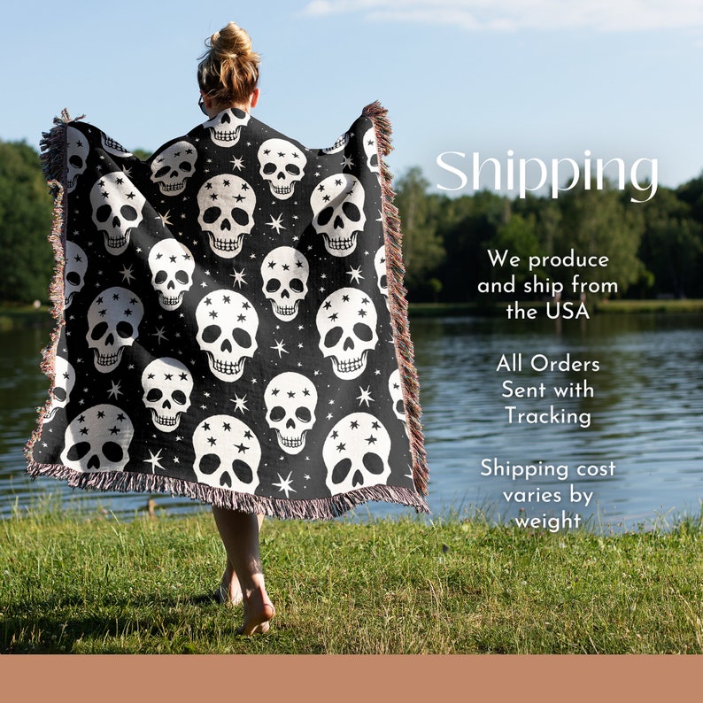 May include: A black and white woven throw blanket with a skull and star pattern. The blanket has fringe on the edges. The text "Shipping" is visible in the image. We produce and ship from the USA. All orders sent with tracking. Shipping cost varies by weight.