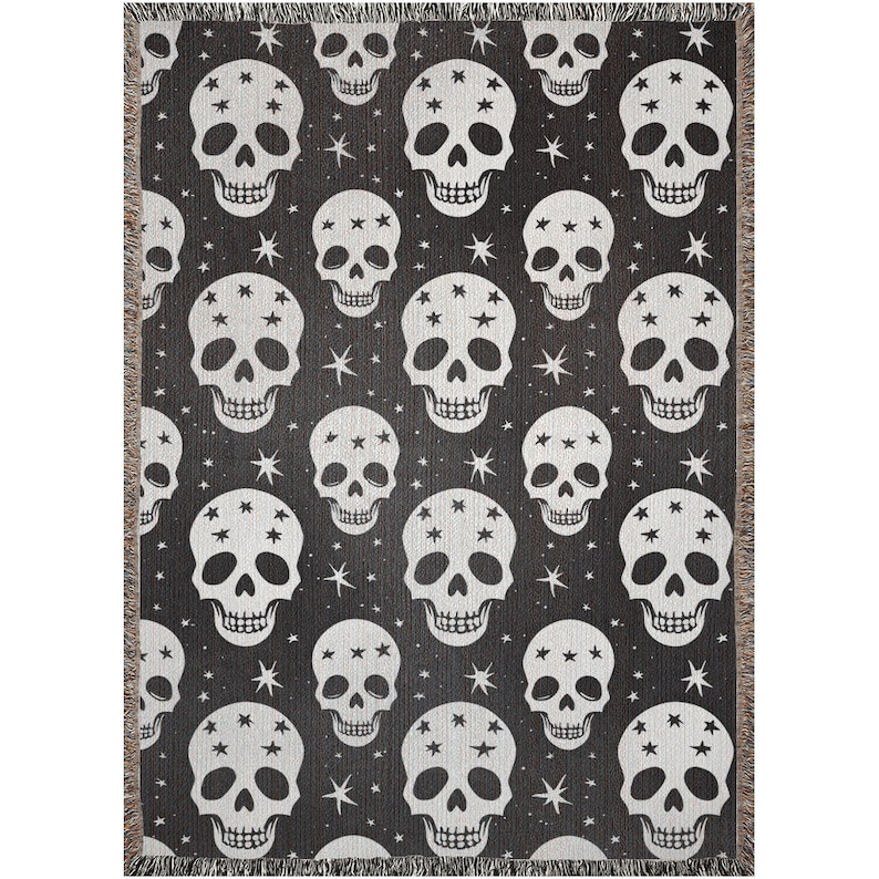 Halloween Blanket, Skull Throw Blanket, Black Home Decor, Gift for Him, Goth Decor Bedding, Halloween Skeleton Decor, Witchy Woven Throw image 10