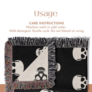 May include: Black and white woven throw blanket with a skull pattern. The blanket has fringe on all sides. Care instructions: Machine wash in cold water, mild detergent, gentle cycle. Do not bleach or wring.