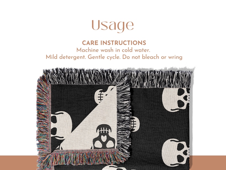 May include: Black and white woven throw blanket with a skull pattern. The blanket has fringe on all sides. Care instructions: Machine wash in cold water, mild detergent, gentle cycle. Do not bleach or wring.