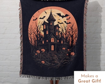 Haunted House Halloween Blanket, Spooky Woven Blanket, Witchy Decor, Gothic Home Decor, Horror House, Spooky Full Moon, Halloween Tapestry