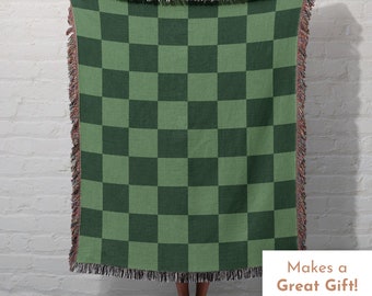 Checkered Blanket, Woven Green Checker Board Pattern, Birthday Gift, Christmas Gift, Retro Style Aesthetic Tapestry, Green Checkerboard