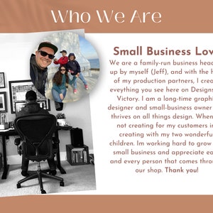 May include: A graphic design workspace featuring a person sitting at a desk with a computer, a circular inset photo of a family outdoors, and text titled Who We Are and Small Business Love describing a family-run business by Jeff.