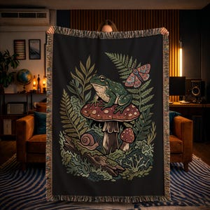 Frog Woven Blanket, Goblincore Toadstool Woodcut Throw, Folk Art Frog Home Decor, Moody Woodland Blanket, Cottagecore Gift