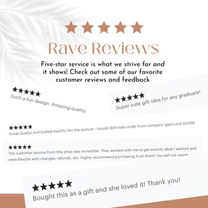 May include: Five-star reviews for a shop selling handmade items. The reviews highlight the quality of the products, the customer service, and the overall positive experience. The text includes phrases like "Super cute gift idea for any graduate!" and "Bought this as a gift and she loved it! Thank you!"