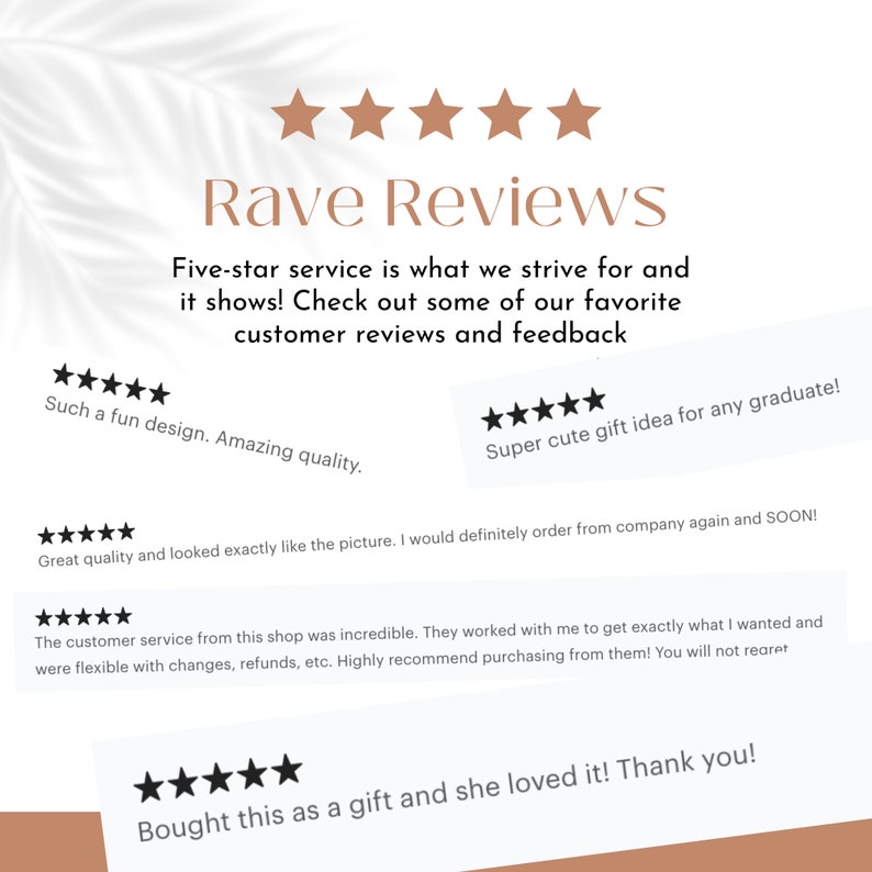 May include: Five-star reviews for a shop selling handmade items. The reviews highlight the quality of the products, the customer service, and the overall positive experience. The text includes phrases like "Super cute gift idea for any graduate!" and "Bought this as a gift and she loved it! Thank you!"