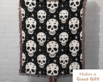 Halloween Blanket, Skull Throw Blanket, Black Home Decor, Gift for Him, Goth Decor Bedding, Halloween Skeleton Decor, Witchy Woven Throw