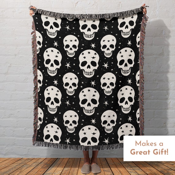 Halloween Blanket, Skull Throw Blanket, Black Home Decor, Gift for Him, Goth Decor Bedding, Halloween Skeleton Decor, Witchy Woven Throw