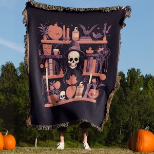 Vintage Spooky Witches Bookshelf Halloween Throw Blanket, Vintage Halloween Throw Blanket, Halloween watching movie Blanket, Witchy Throw