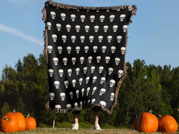 Skull Throw Blanket, Black Skull Cotton Throw, Woven Cotton Throw, Goth Lover Gift Ideas, Black And White Soft Blanket, Goth Home Decor