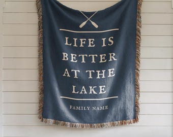 Personalized Life Is Better at the Lake Blanket, Custom Family Name Throw, Woven Lake House Decor, Navy Lake Gift with Oars