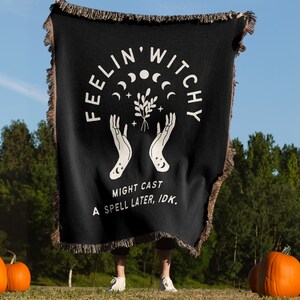 Halloween Blanket,  Witchy Decor, Witch Blanket, Goth Decor, Creepy Decor, Witch Decor, Black and White Woven Throw, Spooky Halloween Decor