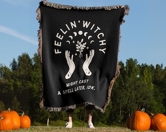Halloween Blanket,  Witchy Decor, Witch Blanket, Goth Decor, Creepy Decor, Witch Decor, Black and White Woven Throw, Spooky Halloween Decor