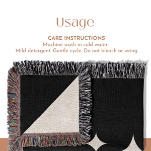 May include: A black woven throw blanket with a white star pattern and multicoloured fringe edges. The text reads: Usage, CARE INSTRUCTIONS, Machine wash in cold water, Mild detergent, Gentle cycle, Do not bleach or wring.