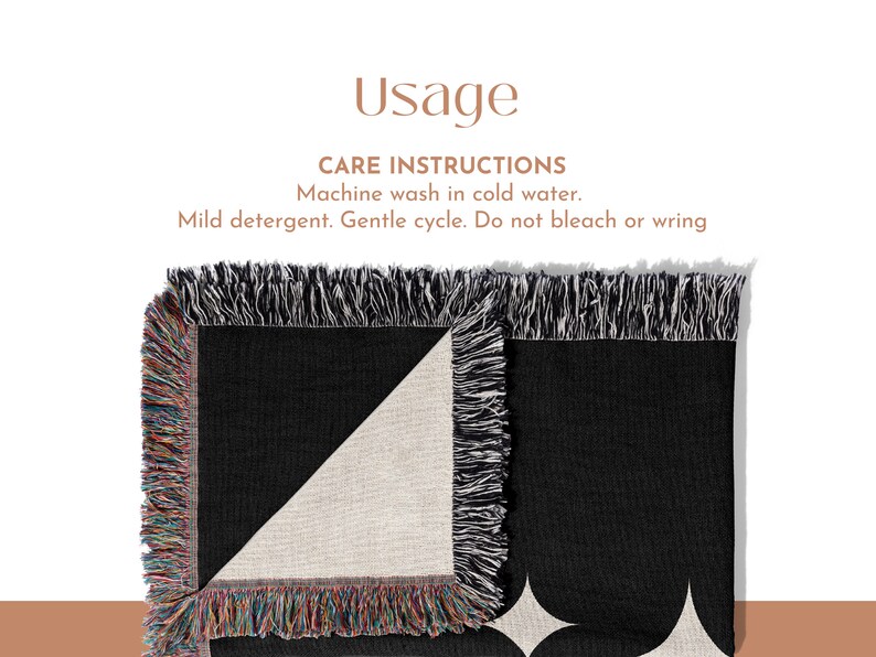May include: A black woven throw blanket with a white star pattern and multicoloured fringe edges. The text reads: Usage, CARE INSTRUCTIONS, Machine wash in cold water, Mild detergent, Gentle cycle, Do not bleach or wring.