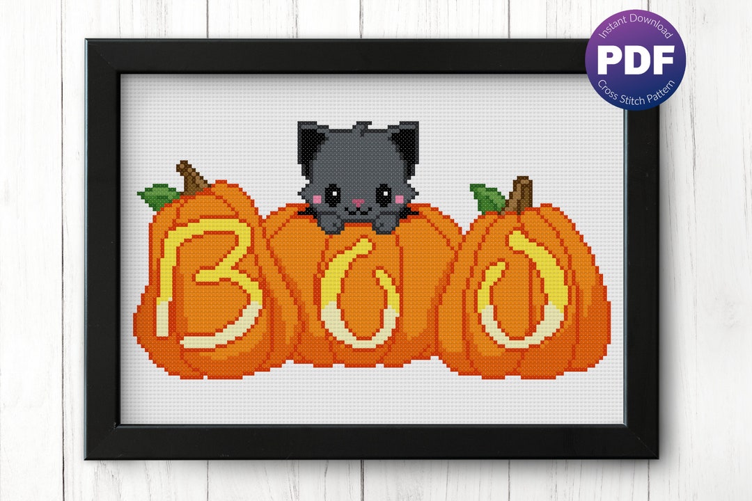 Cute Pumpkin Cat Cross Stitch Pattern - Halloween Black Cat, Jack-o ...