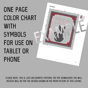 May include: A black and white colour chart with symbols for use on a tablet or phone. The chart is for a cross stitch pattern of a cat with the text "Cal's Meow".
