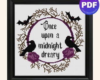 Edgar Allan Poe Quote Cross Stitch Pattern - Once Upon a Midnight Dreary - PDF Instant Download
