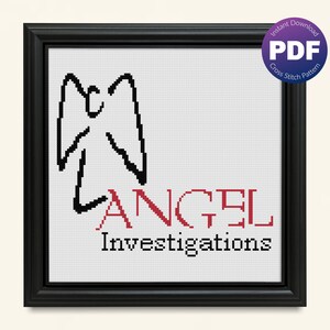 Puede incluir: Patrón de punto de cruz con un dibujo de línea simple de un ángel con el texto "ANGEL INVESTIGATIONS" en rojo.