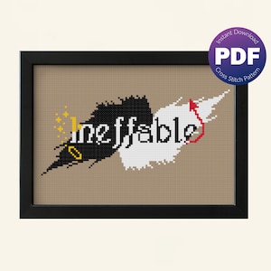 May include: Cross stitch pattern featuring the word "ineffable" in black and white with a gold halo and red devil tail.