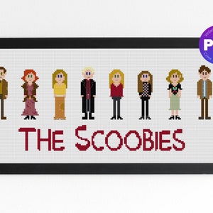 May include: Cross stitch pattern featuring the Scooby Doo gang, including Fred, Daphne, Velma, Shaggy, and Scooby. The characters are depicted in pixel art style and the text "THE SCOOBIES" is below them.