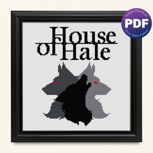May include: Cross stitch pattern featuring three grey wolves with red eyes, howling at the moon. The text "House of Hale" is above the wolves.