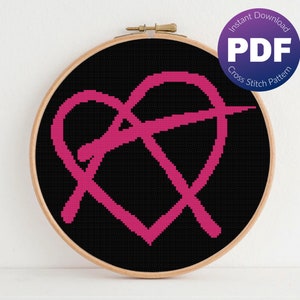 May include: A pink heart with a diagonal line through it, on a black background. This is a cross stitch pattern, available as an instant PDF download.