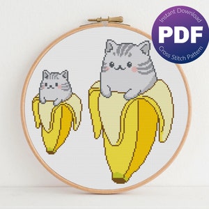 Banana Cat Cross Stitch Pattern, Big and Mini Versions Included - Gray Tabby Kitty, Bananya Inspired, Kawaii - PDF Instant Download