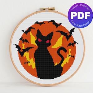 Black Cat Cross Stitch Pattern - Halloween, Spooky Cats and Bats, Jack-O-Lantern - PDF Instant Download