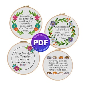 Set of 4 Cross Stitch Patterns, Snarky Quotes Bundle - Funny, Snarky, Sarcastic Quotes, Floral - ZIP, PDF Instant Download